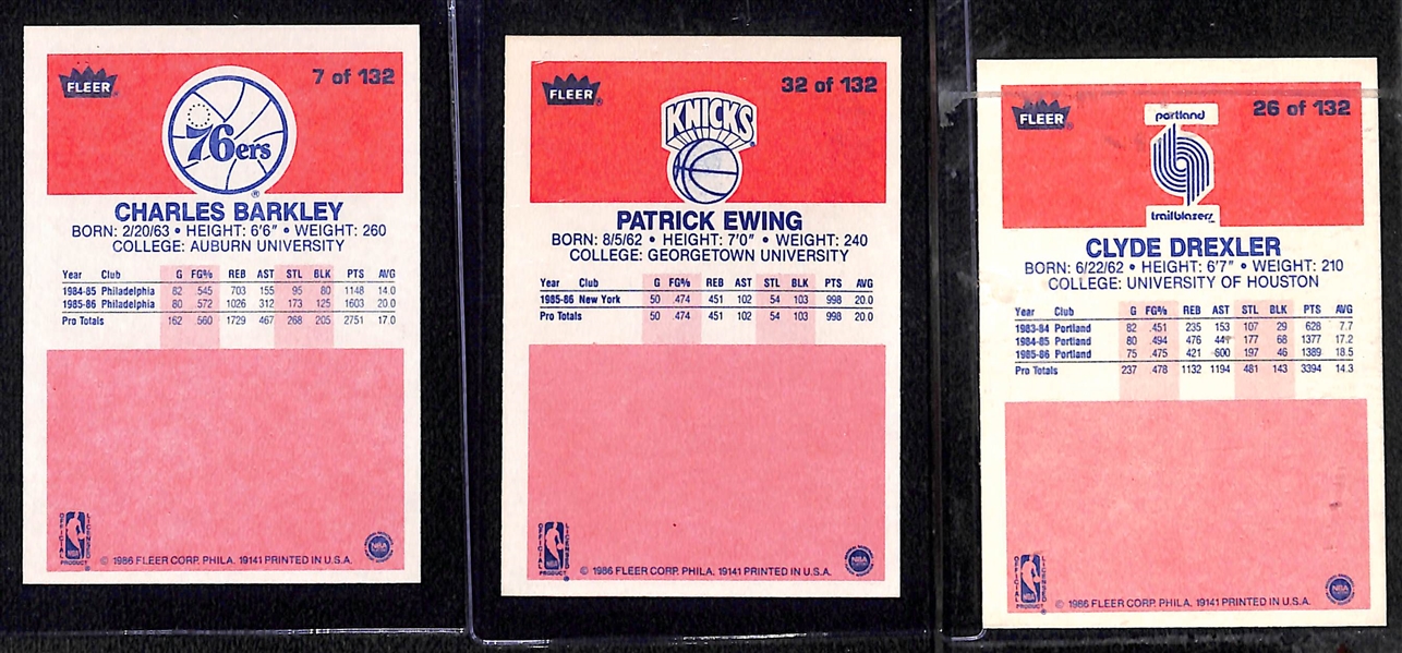 (3) 1986-87 Fleer Rookie Lot Inc. Charles Barkley, Patrick Ewing, and Clyde Drexler 