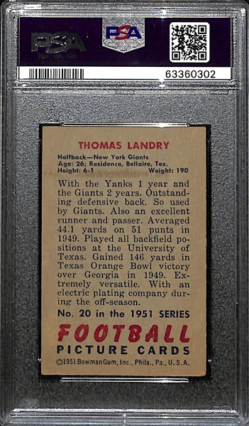 1951 Bowman Tom Landry #20 Rookie Card Graded PSA 4