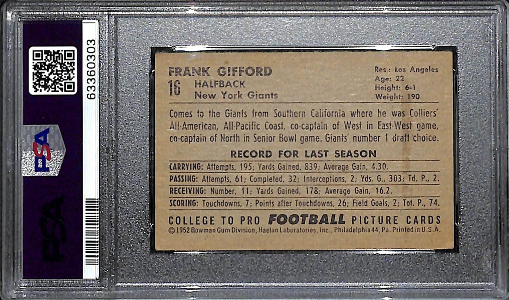 1952 Bowman Small Frank Gifford #16 Rookie Card Graded PSA 4