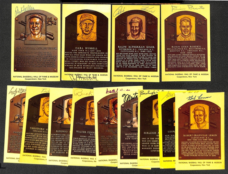 (13) Baseball Autographed Hall of Fame 4x6 Cards w. Feller, Hubbell, Kiner, Roberts (JSA Auction Letter)