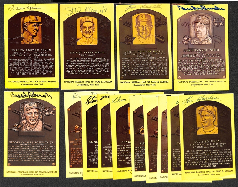 (15) Baseball Autographed Hall of Fame 4x6  Cards w. Spahn, Musial, Sewell, Snider, B. Robinson (JSA Auction Letter)