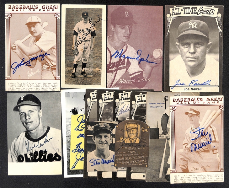 (15) Baseball Autographed Hall of Fame 4x6 Cards and Clippings w. Mize, Ford, Spahn, Sewell, Ashburn (JSA Auction Letter)