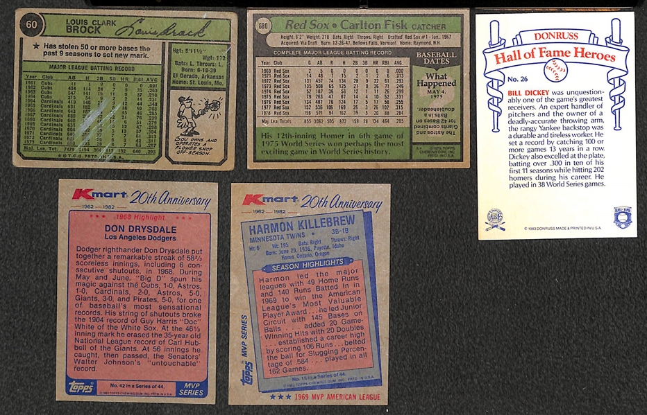 (27) Autographed Baseball Cards w. Brock, Fisk, Dickey, Drysdale, Killebrew (JSA Auction Letter)