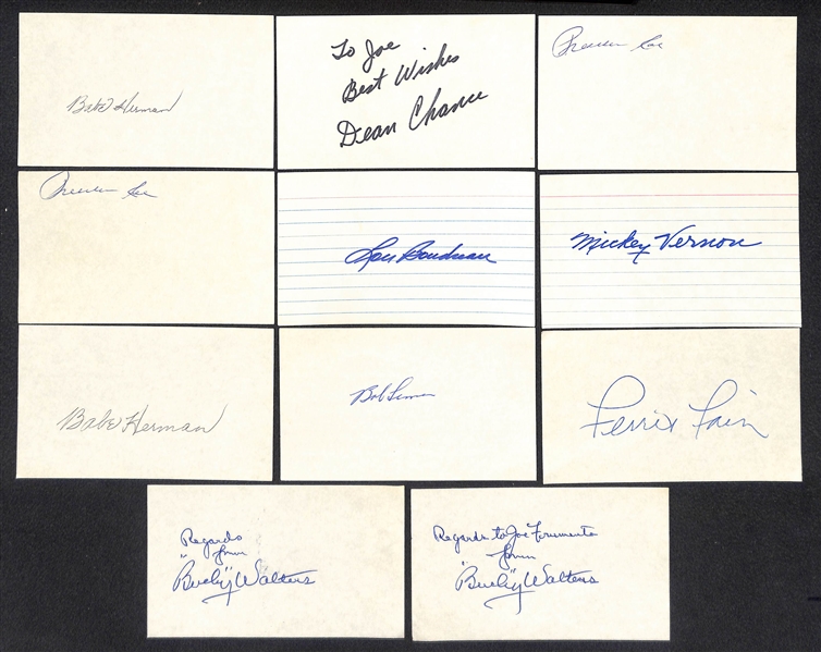 Lot of (28) Baseball Autographed Index Cards w. Dickey, Gomez, Sewell, Slaughter (JSA Auction Letter)