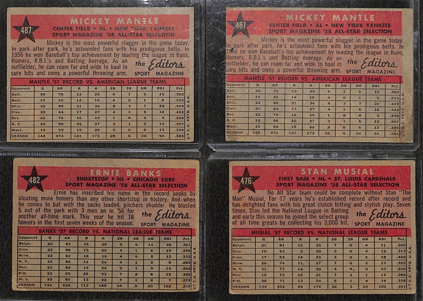 Lot of (4) 1958 Topps All-Stars w. (2) Mickey Mantle, Banks, Musial