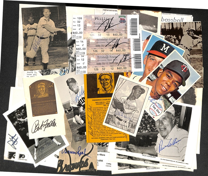 Lot of (35) Autographed Multi Sports Cards, Clippings and Photos w. Spahn, Oliva, Ashburn, Feller (JSA Auction Letter)
