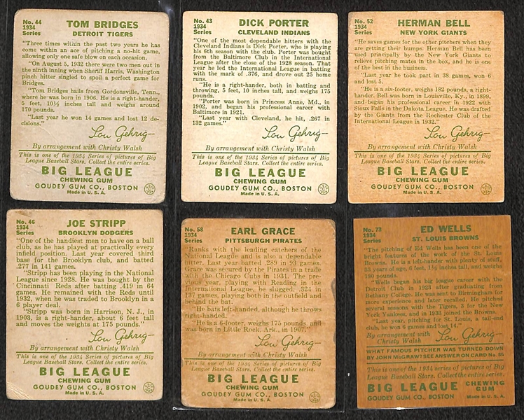 Lot of (6) 1934 Goudey Baseball Cards w. Tommy Bridges