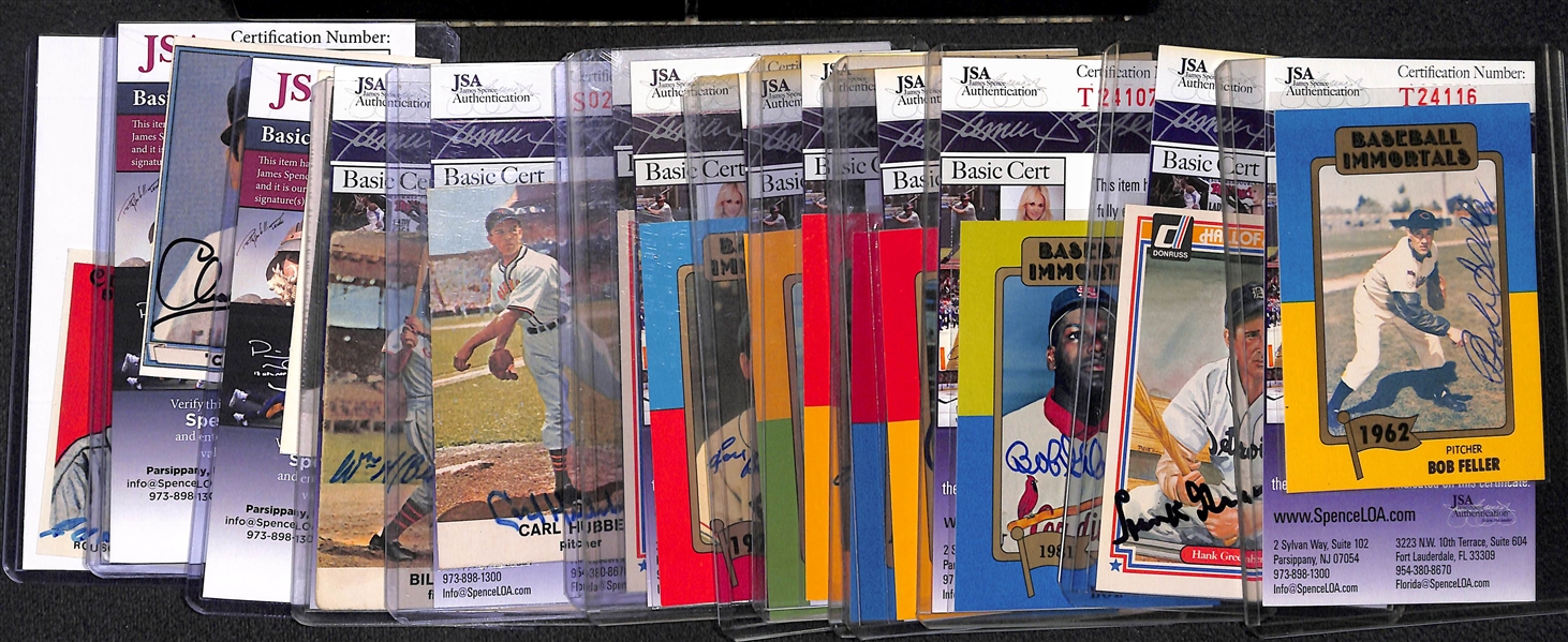 Lot of (14) Baseball HOF Autographed Cards Including Feller, Greenberg, Gibson, Marichal (All come with JSA Certs)