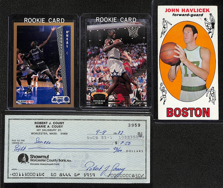 1969 Topps John Havlicek & (2) Shaquille O'Neal Rookie card lot with Bob Cousy Autograph