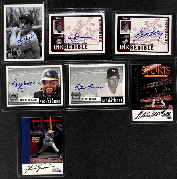 (7) Baseball HOF Autographed Cards w. Berra, Gwynn, R. Jackson, Larsen