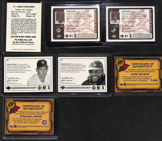 (7) Baseball HOF Autographed Cards w. Berra, Gwynn, R. Jackson, Larsen