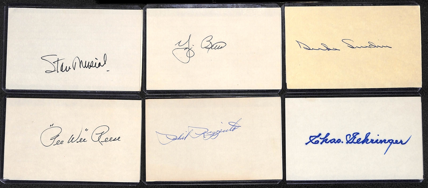 (13) Autographed 4x6 Index cards w/ Musial, Berra, Snider, Reese, Rizzuto (All JSA Certified)