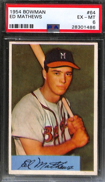Lot of (2) 1954 Bowman Baseball Cards - Bob Feller PSA 5 & Eddie Mathews PSA 6