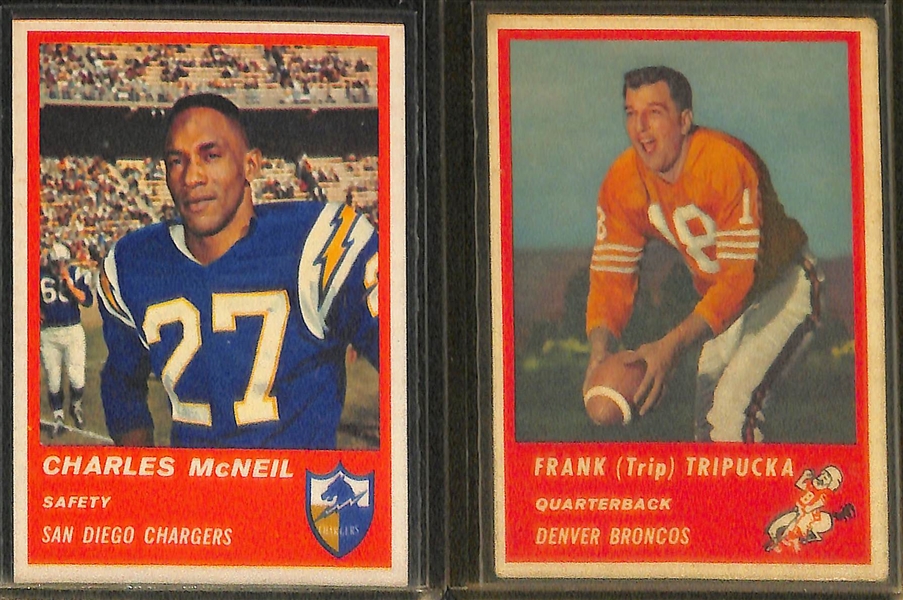 (2) 1960 Fleer Yellow Proof Cards w. Grantham, (2) 1961 Fleer Football w. Meredith RC, & (4) 1963 Fleer Football w. Alworth RC