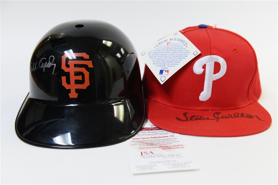 Orlando Cepeda Autographed Giants Helmet & Steve Carlton Autographed Phillies Hat (JSA Certified)