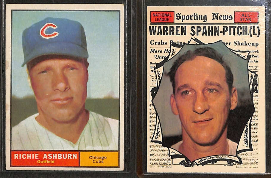 (290) 1961 Assorted Topps Baseball Cards w. Richie Ashburn & Warren Spahn All Star