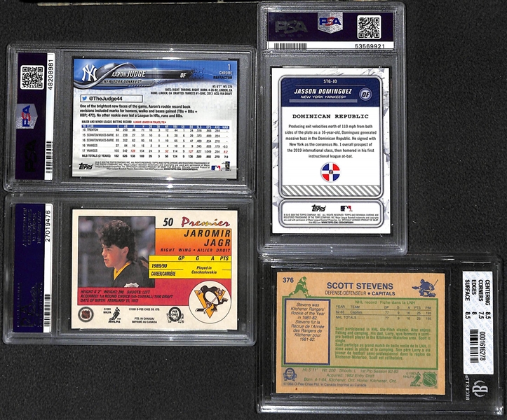 Lot of (4)  Graded Baseball and Hockey Cards w. Aaron Judge, Dominguez, Jagr, and Stevens 