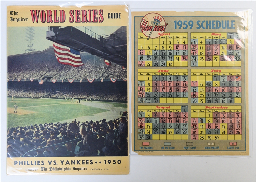 Lot of (11) 1940s, 50s, and 60s Newspaper Sections, Magazines w. 1959 Yankees Schedule, and Yogi Berra Autograph