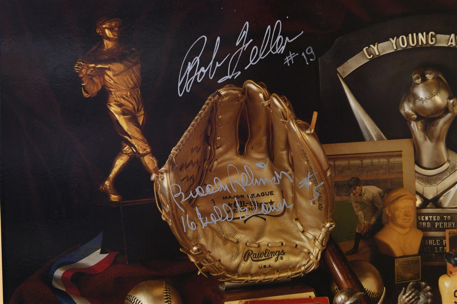 28x22 Baseball Poster Plaque Signed By 7 Hofers (Mantle, Berra, Kaline, Feller, B. Robinson, H. Newhouser, R. Ferrell) w. JSA Auction Letter of Authenticity