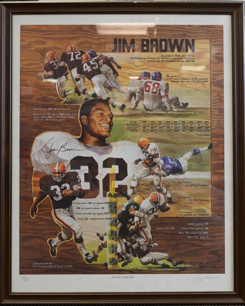 36x29 Jim Brown Signed & Framed Print & Yogi Berra/ Frank Robinson Dual Signed Show Poster (16x20) - Comes w. JSA Auction Letter of Authenticity