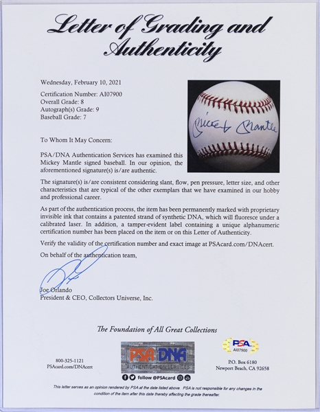 Mickey Mantle Single Signed OAL Rawlings Baseball PSA/DNA Grade 8 (Auto Grade 9, Baseball Grade 7)