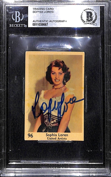 Rare 1957 Sophia Loren Signed Trading Card (Beckett BGS) - Autographed 1957 Vintage Dutch Big Numbers Set Gum Card #96