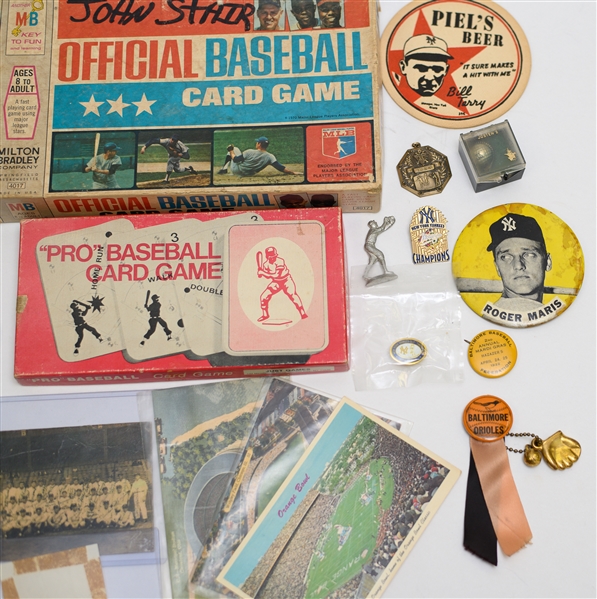 Miscellaneous Vintage Baseball Trinket Lot w/ Yankee Pins, Card Games, Cy Perkins Autograph (JSA Auction Letter)