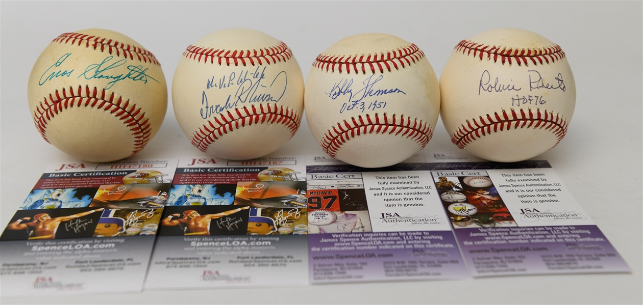 Lot of (4) Autographed Baseballs w. Frank Robinson, Slaughter, Thomson, Roberts (JSA Authenticated)