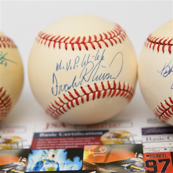 Lot of (4) Autographed Baseballs w. Frank Robinson, Slaughter, Thomson, Roberts (JSA Authenticated)