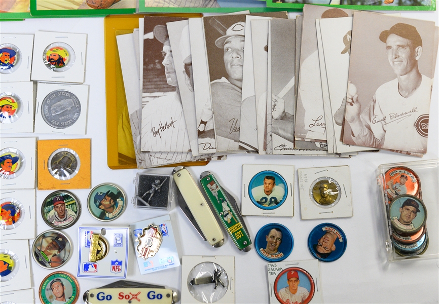 Lot of Vintage Mostly Baseball Pins, Exhibit Cards, Sheet Music, Pocket Knives, and Western Pins w. Daniel Boone