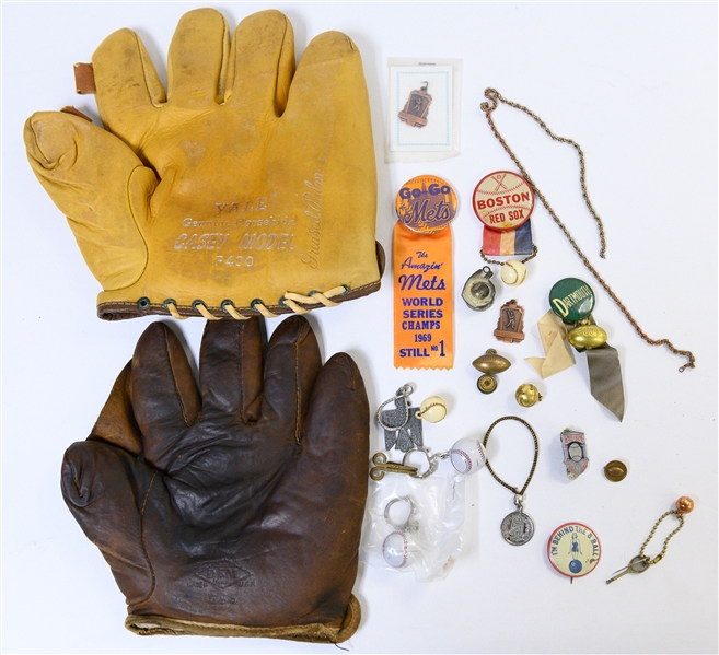 Vintage Baseball Lot w. (2) Gloves (D&M and Yale), Pins, and Trinkets