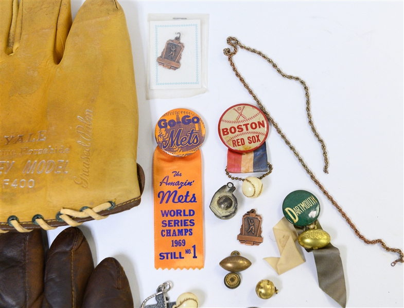 Vintage Baseball Lot w. (2) Gloves (D&M and Yale), Pins, and Trinkets