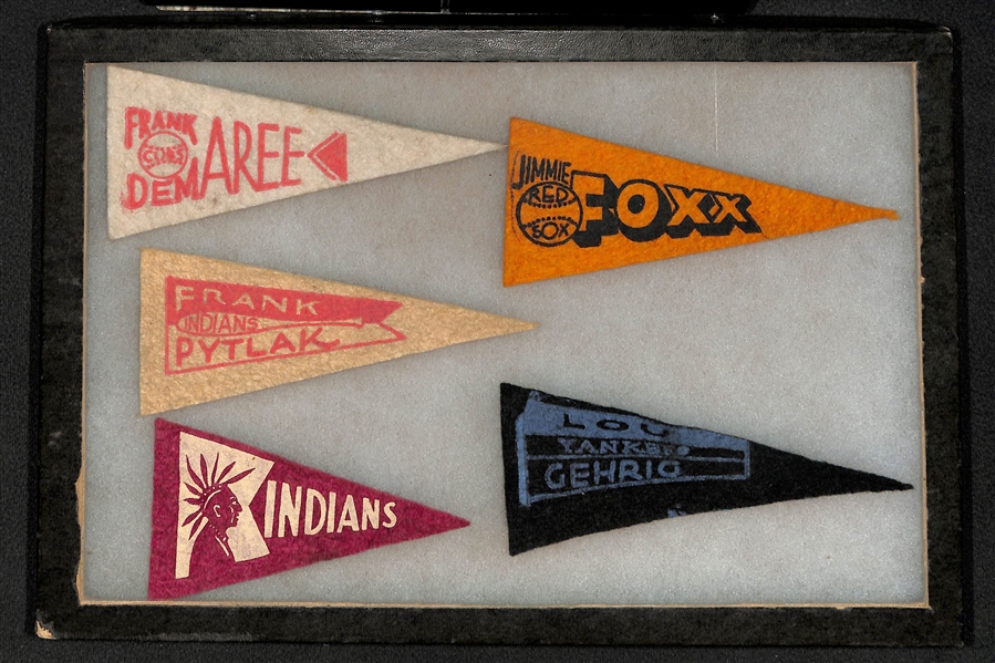 Lot of (5) 1930s BF3 Felt Mini Pennants Featuring Lou Gehrig & Jimmie Foxx