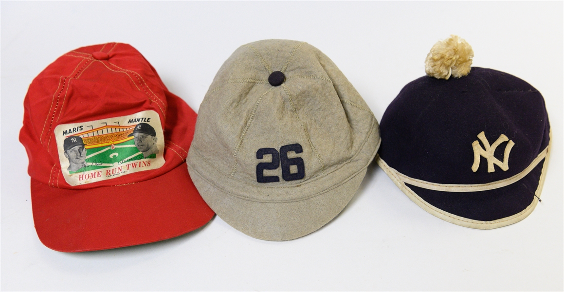 Lot of (3) Vintage Childrens Baseball Collector Hats w. Rare 1961 Maris and Mantle Home Run Twins Hat