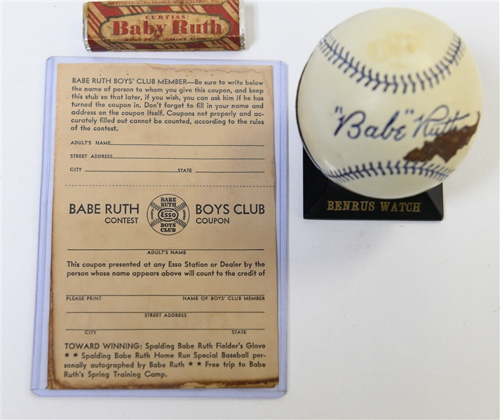 Babe Ruth Vintage Memorabilia Lot w. Benrus Watch Case, Baby Ruth Gum, and Babe Ruth Boys Club Coupon