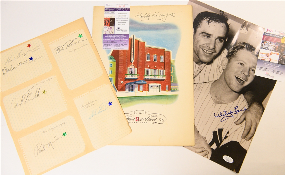 Vintage Baseball Autographed Lot w. Yogi Berra & Whitey Ford Photo and Gabby Hayes Menu (1930s Western Actor) (JSA Auction Letter)
