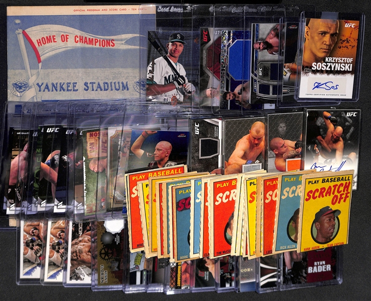 Lot of (34) Assorted 2011-13 Topps UFC Autograph & Relic Cards, 1994 UD SP Alex Rodriguez Rookie Card, 1970 Topps Scratch-Offs, 1950 NY Yankees Program