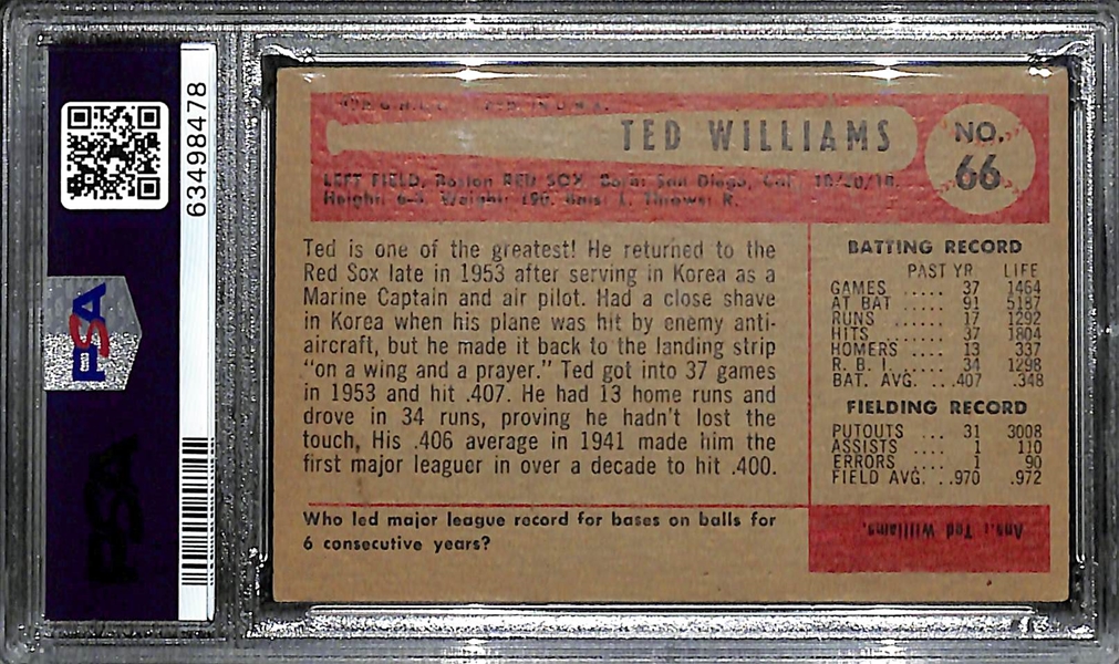 1954 Bowman Ted Williams #66 Graded PSA 2