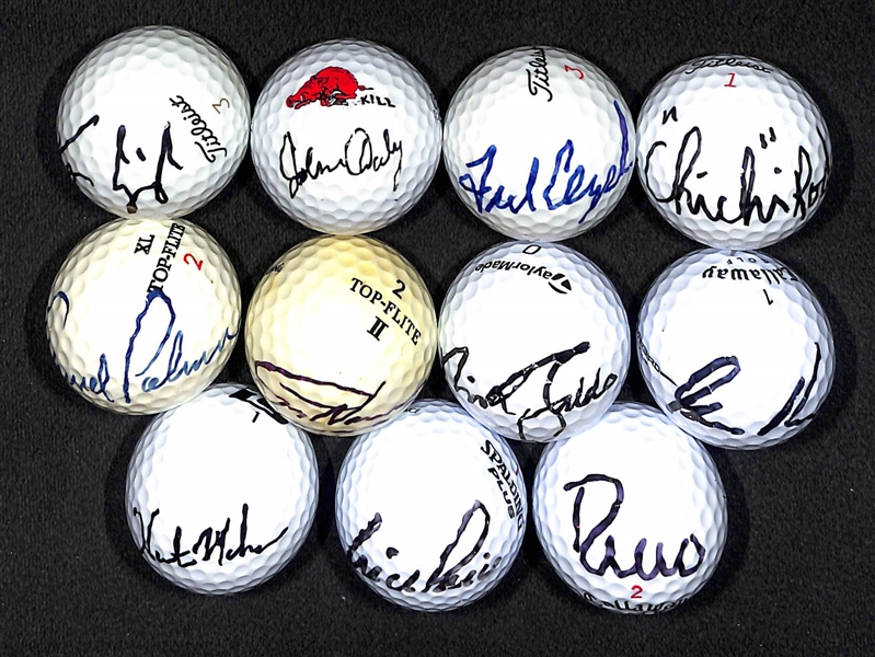  Lot of (11) Signed Golf Balls w. Arnold Palmer, G. Player, N. Faldo, J. Daly, G. Norman, ChiChi Rodriguez, F. Couples, + - JSA Auction Letter