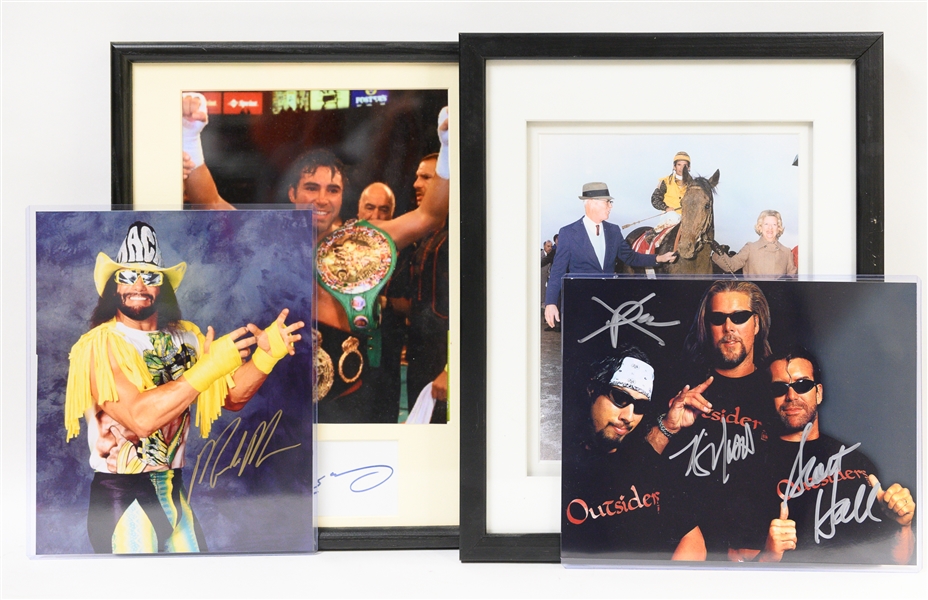  Autograph Lot w. Randy Macho Man Savage, Oscar de la Hoya Framed Cut, Bill Shoemaker Framed Cut, & The Outsiders (Wrestling) Signed Photo - JSA Auction Letter