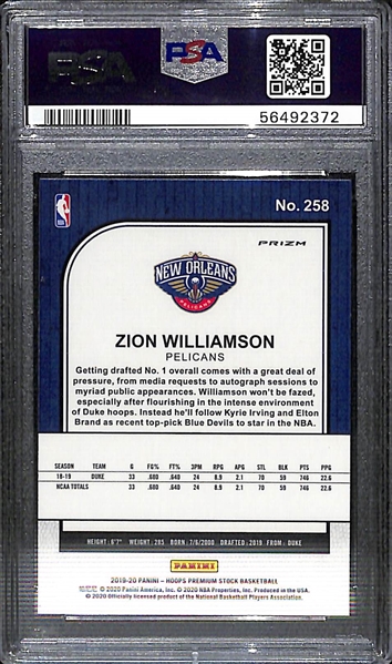 2019-20 Hoops Premium Stock Zion Williamson Rookie Card #258 Graded PSA 10 Gem Mint