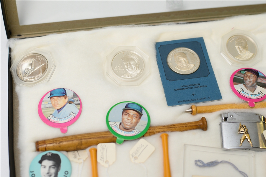 Baseball Lot of Pins, Silver Coins, and Mini Bats w. Jackie Robinson Silver Coin