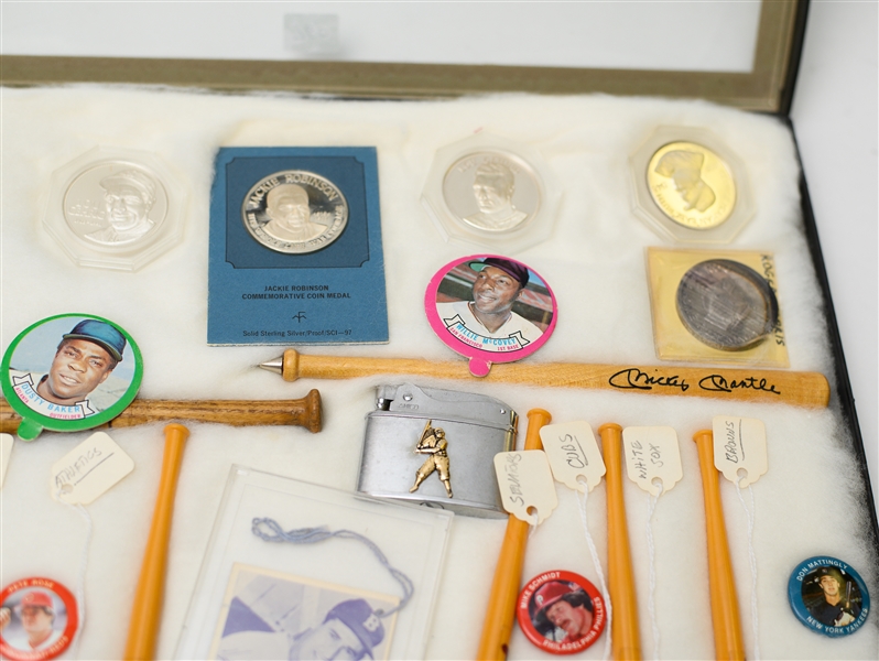 Baseball Lot of Pins, Silver Coins, and Mini Bats w. Jackie Robinson Silver Coin