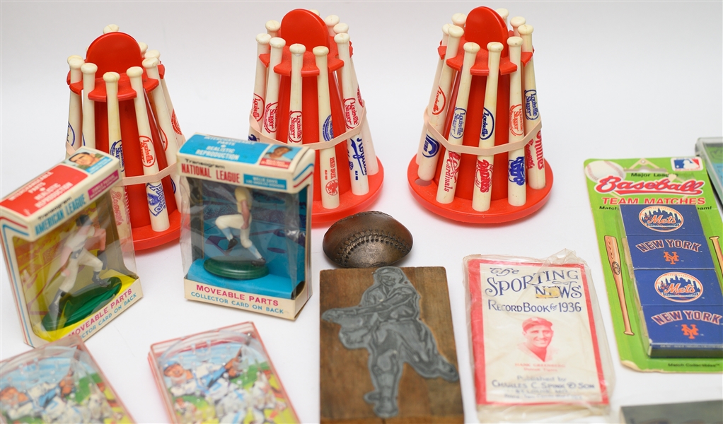 Lot of Assorted Vintage Baseball Memorabilia w/ Super Balls, Hand Held Games, and Transograms 