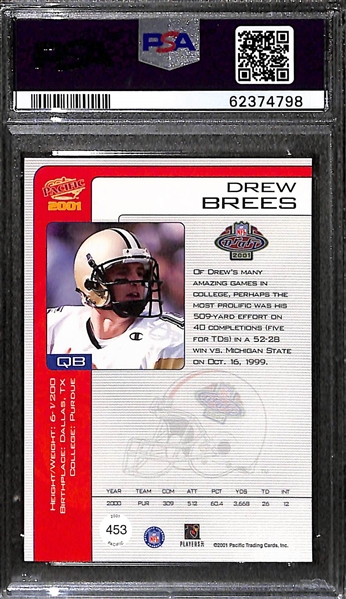 2001 Pacific Drew Brees Rookie Autograph Card #453 Graded PSA 8
