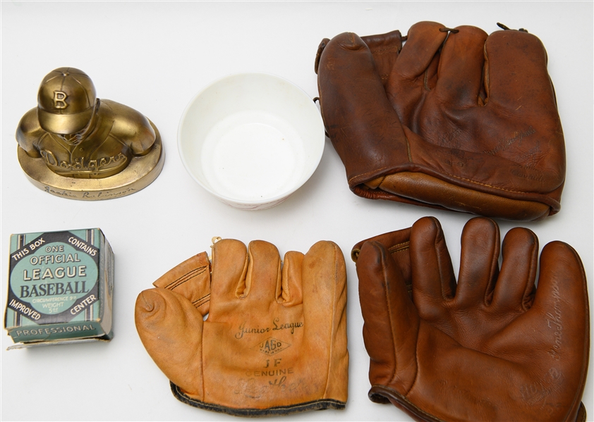 Lot of Baseball Memorabilia w. Vintage Gloves, Cereal Bowl, & Jackie Robinson Bank Bust