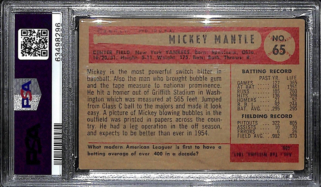 1954 Bowman Mickey Mantle #65 Graded PSA 3 VG