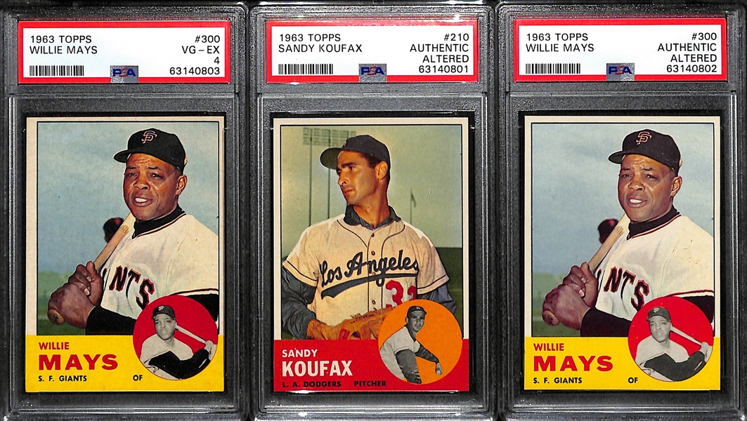 Lot of (3) Graded 1963 Topps Cards - Mays #300 (PSA 4), Koufax #210 (Authentic Altered), Mays #300 (Authentic Altered)