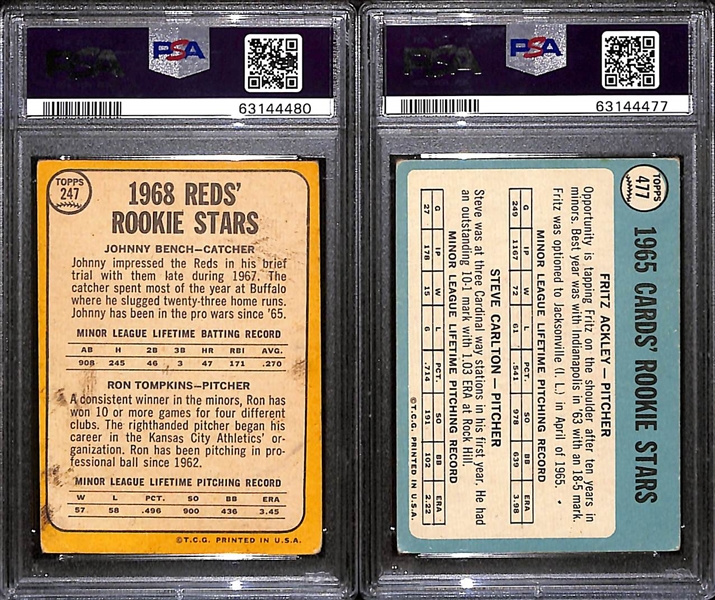 1965 Topps Steve Carlton Rookie #477 (PSA 3) & 1968 Topps Johnny Bench Rookie #247 (PSA 1.5)