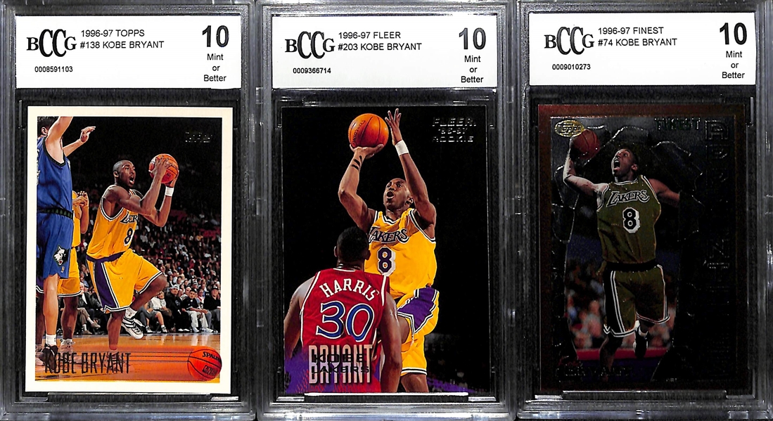 Lot of (3) BCCG 10 1996-97 Graded Kobe Bryant Rookie Cards (Topps, Fleer, Finest)